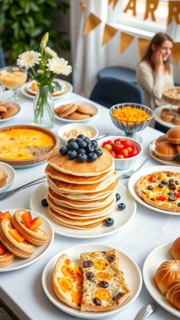 A festive brunch table with pancakes, quiche, fruit salad, and pastries for a graduation celebration.